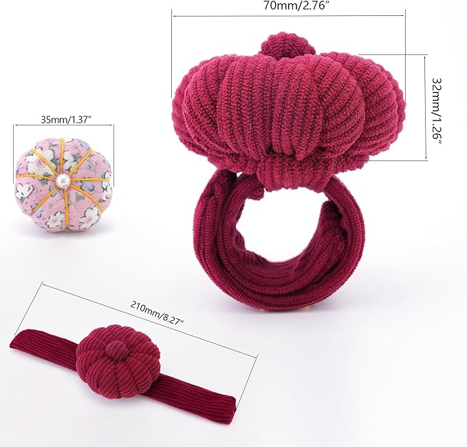 Wrist Pin Cushions, Sewing Needle Cushion kit with 1Pcs Elastic Strap Finger Ring Pincushions, Adjustable Strap Handcraft Needles Holder for Sewing and Quilting. (Dark Red)