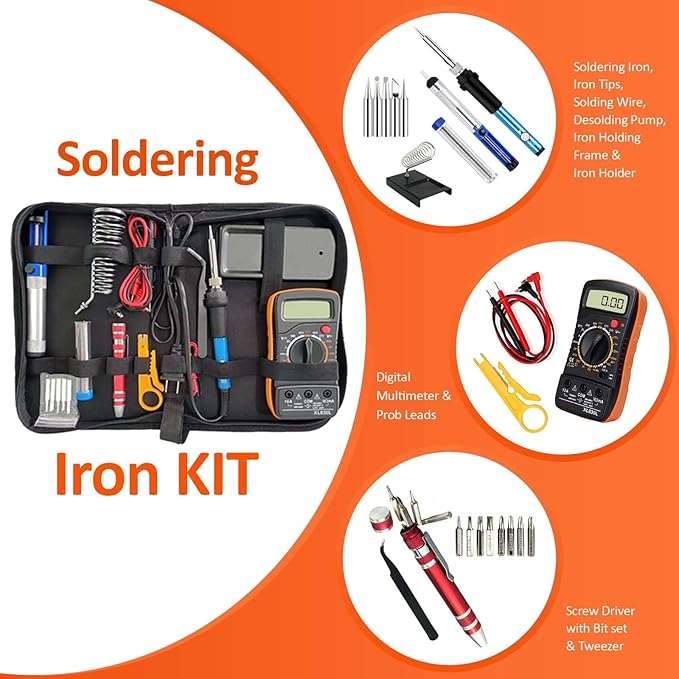 Electric Sodering Iron Kit set 110V 60W Adjustable Temperature Soldering Iron Digital Multimeter 5pcs Soldering Tips Solder Wire Stand, Desoldering Pump Tweezers Welding Tool Screwdriver wire stripper