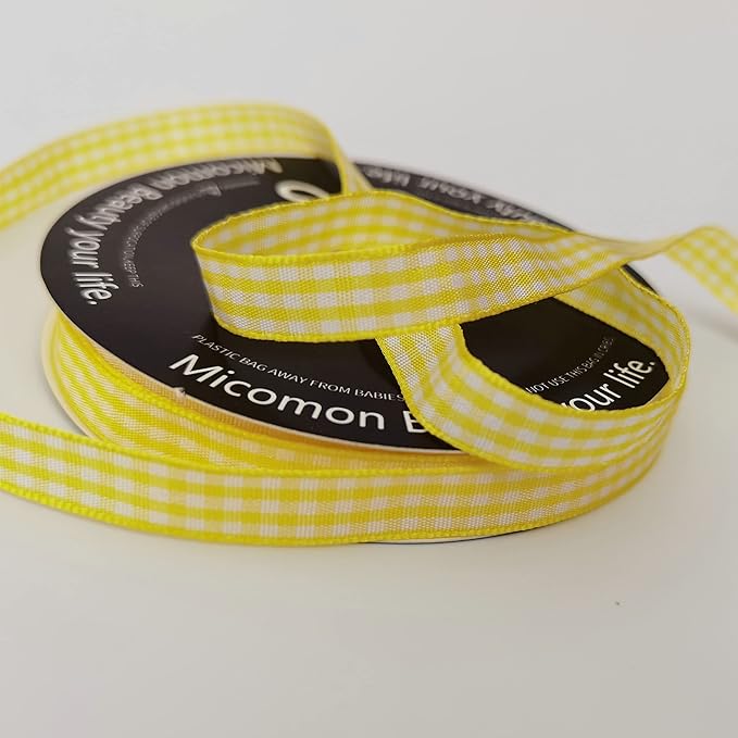 Yellow and White Gingham Plaid Checked Ribbon 25 Yards Per Roll Checkerd Craft 100% Polyester (3/8", Yellow)