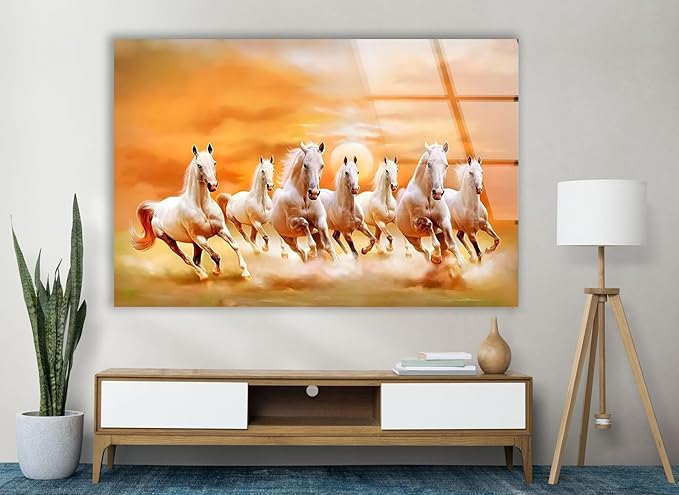 My Photostation.com 28Wx18H'' White Horses Running on Sunset Glass Wall ArtTempered Glass Printing Wall Decor Large Wall Art Wall Hangings