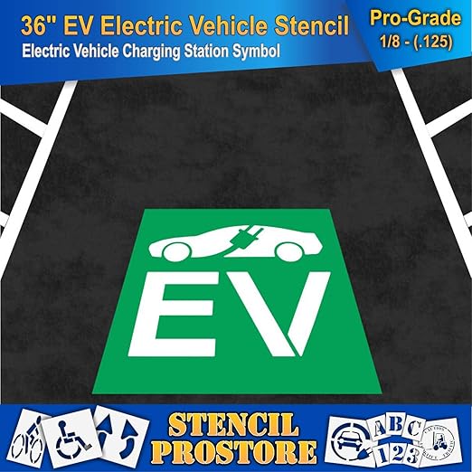 Pavement Stencils - 36 in - Electric Vehicle Silhouette with Plug and EV Letters - 35'' x 41'' x 1/8" (128 mil) - Pro-Grade