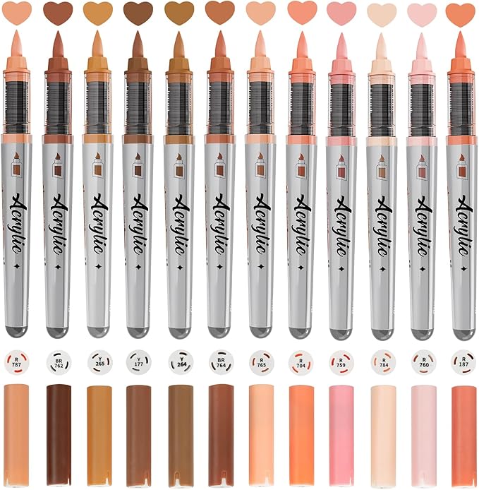 Skin Tone Acrylic Paint Markers, 12 Colors Fabric Marker, Auto-Ink Paint Pens Markers, Brush Tip Marker for Rock Painting, Wood Glass Ceramic Canvas Stone DIY Crafts Making Art Supplies