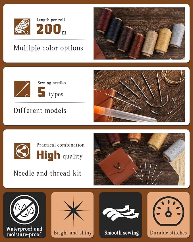 DIUDUS 218 Yards Waxed Leather Thread, Upholstery Thread Heavy Duty, Sewing Kit with Upholstery Needles, Wax String for Hand Sewing Repair Carpet Sofa Carseat Canvas (Dark Coffee)