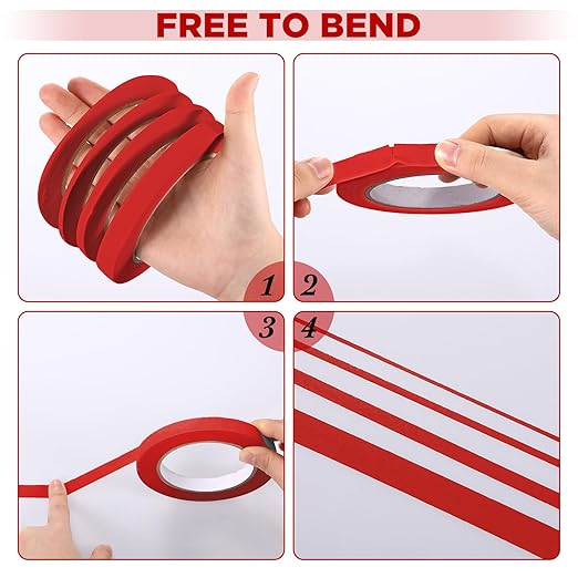 Epakh 4 Rolls Pinstripe Tape, Masking Tape in 1/16, 1/8, 1/4 and 1/2 Inch Wide, for Painters Automotive DIY Car Auto Paint Art (Red,55 yd)