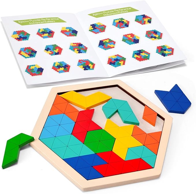 3 otters Wooden Puzzles for Kids, Educational Brain Teaser Game, Shape Sorting Board with Guide Book, Montessori Learning Toys