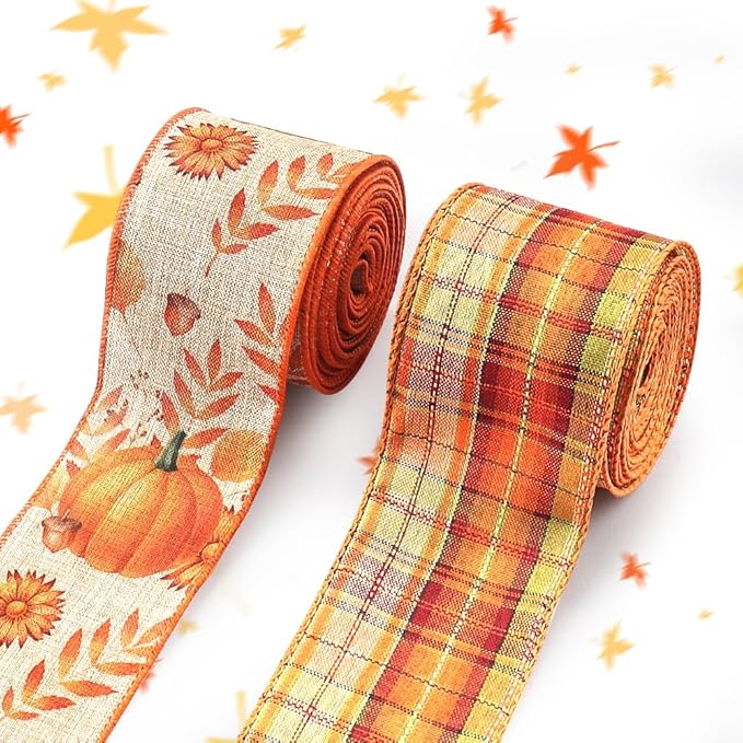 Threetols 2 Rolls 10 Yards Fall Wired Edge Ribbons, 2.5inch Orange Plaid Burlap Ribbons, Autumn Leaves Pumpkin Ribbon for Thanksgiving Party DIY Craft Fall Wreath Bow Decor