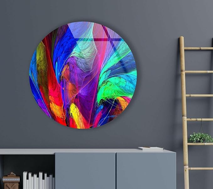 My Photostation.com 10''(25cm) Diameter Neon Colors Abstract Round Glass Wall Art Tempered Glass Printing Wall Decor Large Wall Art Wall Hangings