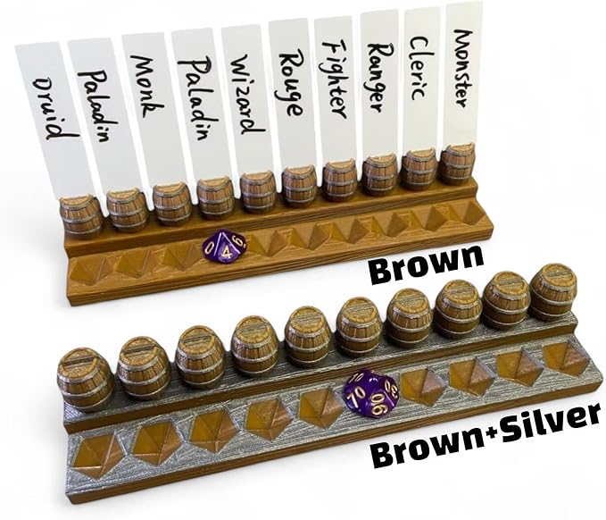 Initiative Tracker with 10 Barrel Slots, Erasable Name Tags, and Dice for Tracking Order. Ideal for DND and Other TTRPGs Brown