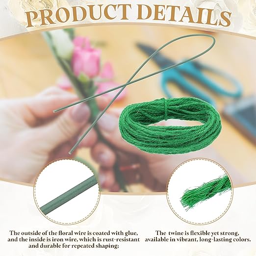 uxcell 50Pcs 2 Gauge Floral Wire, 15.75" Length Flower Stem Wires with 0.08" x 32.8ft Twine for Wreath Making, Flower Arrangement, Green