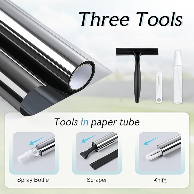 DOWELL One Way Window Privacy Film with 3 Tools Window Tint for Home Sun Blocking Heat Control Anti UV Reflective Mirror Covering See Out Not in for House and Office Black Silver 35.4" X 78.7"