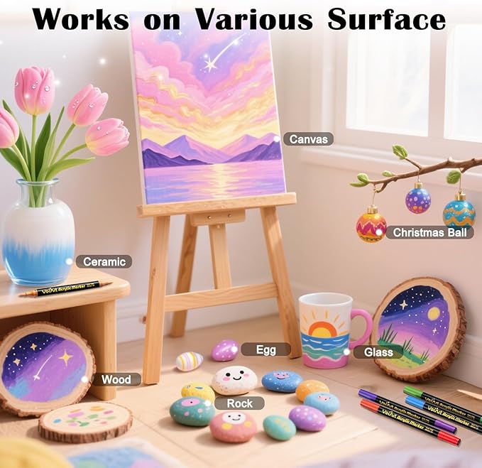 VOKART 60 Colors Acrylic Paint Markers - 30 Dual Brush Tip Paint Pens Including 2 Metallic Colors for Rock, Canvas, Fabric, Wood, Glass, Ceramic - Art Supplies for Artists, Kids, DIY & Holiday Decor