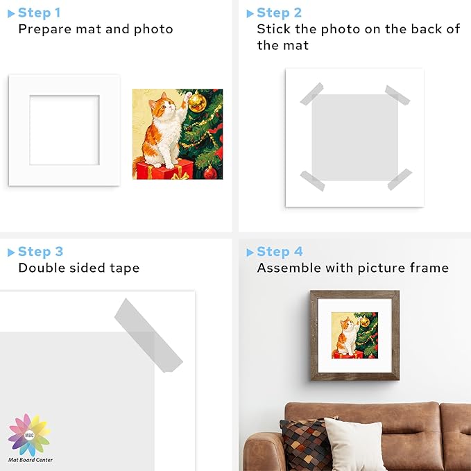 Mat Board Center, 12x12 White Mats for 8x8 Pictures - Acid Free, 4-ply Thickness, White Core, Bevel Cut - for Artworks, Photos, Framing - Pack of 12