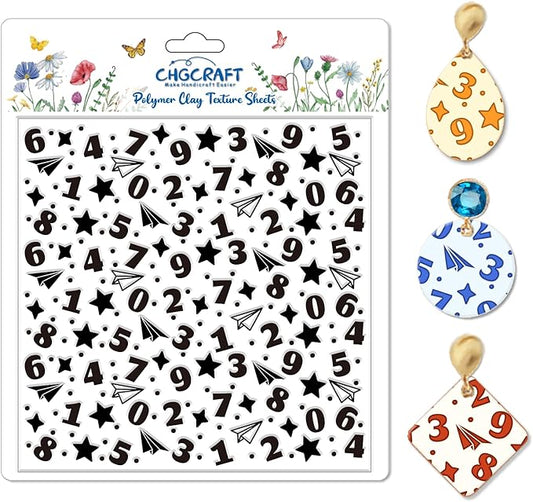 CHGCRAFT Numbers Pattern Polymer Clay Texture Sheet Stars and Paper Airplanes Silicone Texture Mat for Polymer Clay Making Earrings Jewelry DIY Crafts 5.5 × 5.5 Inch