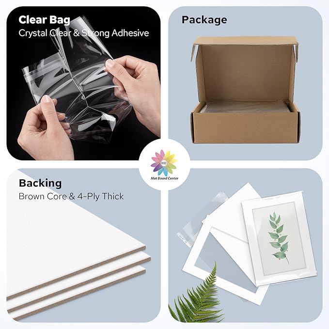 Mat Board Center, Pack of 25, 5x7 for 4x6 White Mat Kit - Acid Free, 4-ply Thickness, White Core - Includes Backing Boards and Clear Bags - for Pictures, Photos, Framing