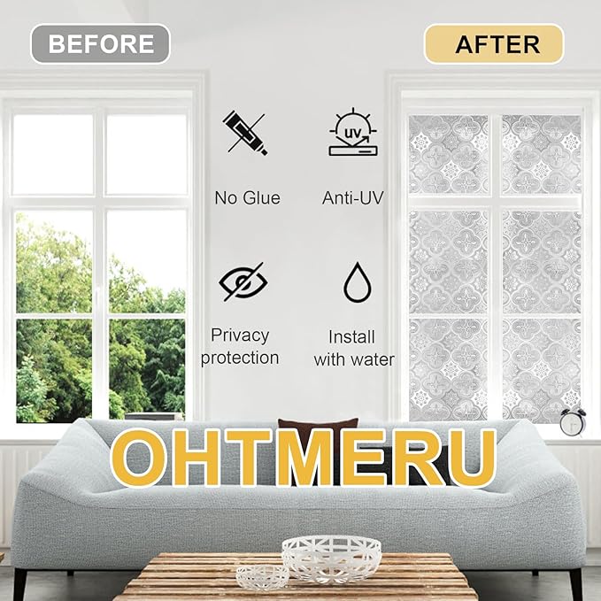Window Privacy Film Decorative for Front Door, Bathroom Static Cling Stained Glass Sticker Opaque Heat Control UV Blocking Non-Adhesive for Home Windows 35.4 X 118.1 inches