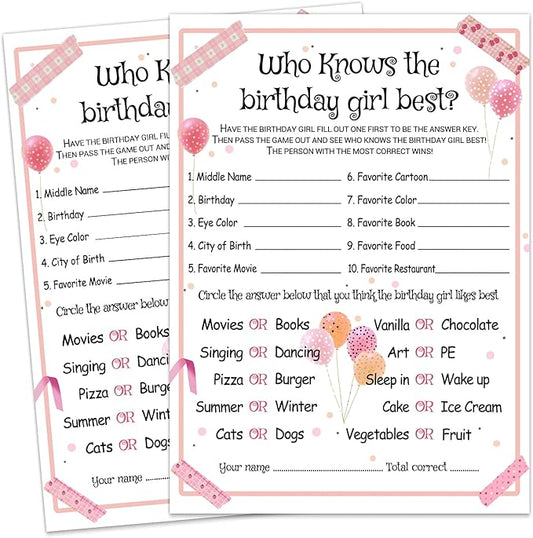 Who Knows the Birthday Girl Best - Girl Birthday Party Game - Themed Party Activity and Idea - Supplies, Decorations - 20 Game Cards