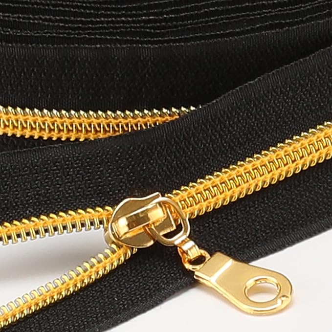 Sawoake 10 Yards Bulk Zipper(#5), Black Nylon Coil Zipper with Gold Teeth by The Yards, Replacement Sewing Zipper with 10PCS Zipper Sliders for DIY Sewing Craft Bags(#5 Gold Black)