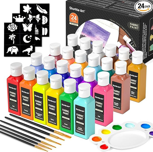 Shuttle Art Fabric Paint 24 Colors Permanent Soft Fabric Paint in Bottles (60ml/2oz) with Brushes &Stencils, Non-Toxic Textile Paint for T-Shirts, Shoes, Jeans, Bags, DIY Projects & Crafts