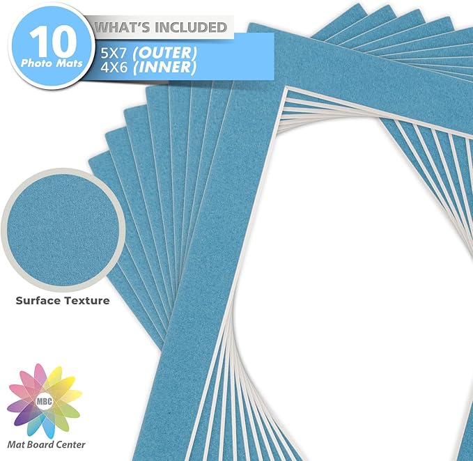 Mat Board Center, Pack of 10, 5x7 for 4x6 Dynamic Blue Color Mats - Bevel Cut, Acid Free, 4-ply Thickness, White Core - for Pictures, Photos, Framing