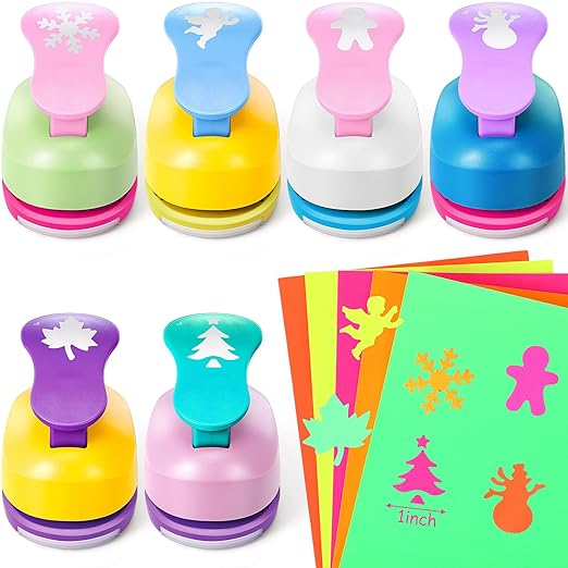 CHENGU 16 Pcs Craft Holes Punch Paper Punchers Scrapbook Punches with Craft Sticker Paper, Round, Star, Square, Heart, Flower, Wave Circle Shape (1 Inch,Christmas)