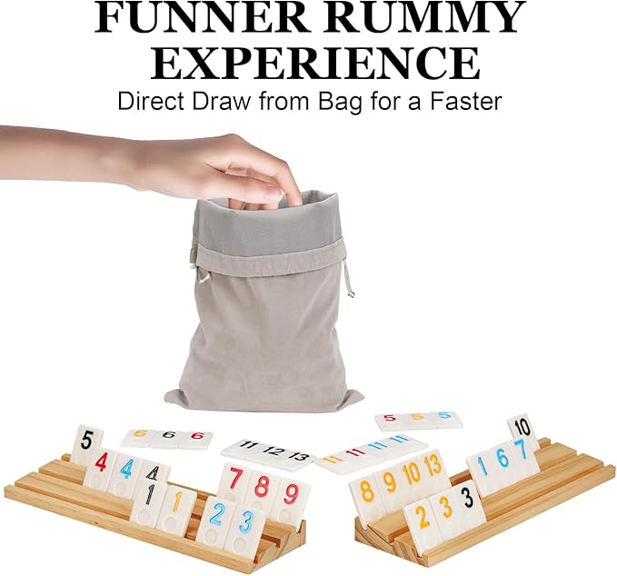 Upgraded 6-8 Players Rummy Cube Board Game Set with 8 Wooden Racks, 214 Tiles, Portable Case, Drawstring Bag and Dice, for Adults Friends Night Gifts Travel Party Sharpens Brain