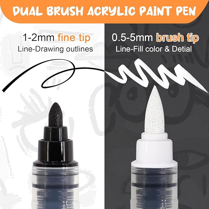 Black White Acrylic Paint Pen Brush, 6PCS Dual Tip Automatic Ink-control Acrylic Markers for Rocks, Metal, Glass, Wood, Fabric, Porcelain, Ceramic