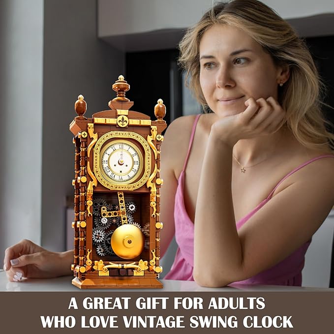 Retro Swing Clock Building Blocks Set, Vintage Pendulum Clock with Functional Clock Mechanism Model Kit, Creative Gift Toys for Adults Teens 14+ (751 Pieces)