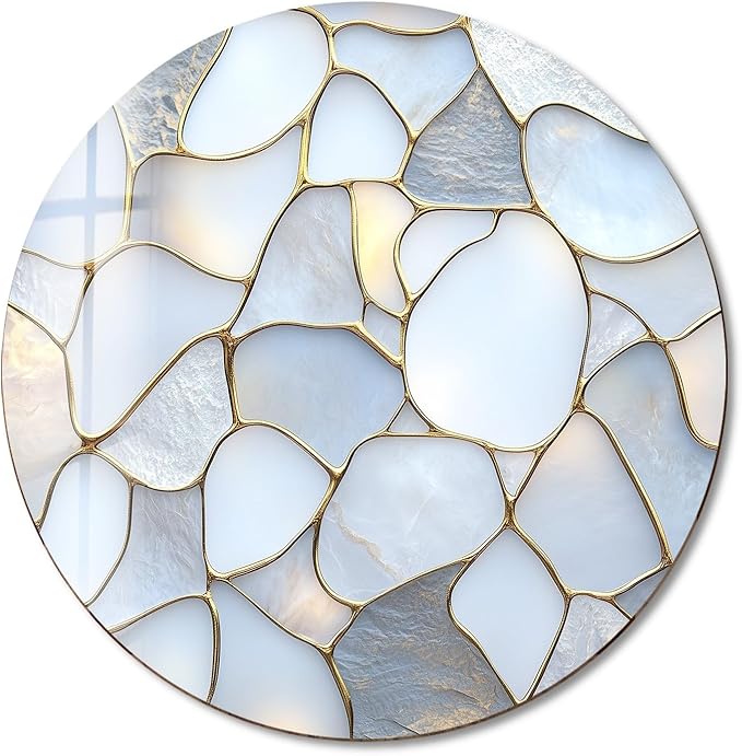 My Photostation.com 39,4''(100cm) Diameter White Stone Mosaic Round Glass Wall Art Tempered Glass Printing Wall Decor Large Wall Art Wall Hangings