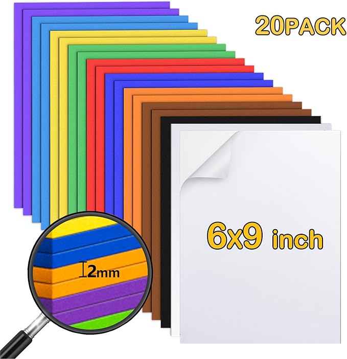 MEARCOOH 20pack 10 Colors Self Adhesive Foam Sheets 6x9 Inch 2mm,Sticky Eva Foam Paper for Crafts Christmas Cardmaking Classroom Scrapbooking