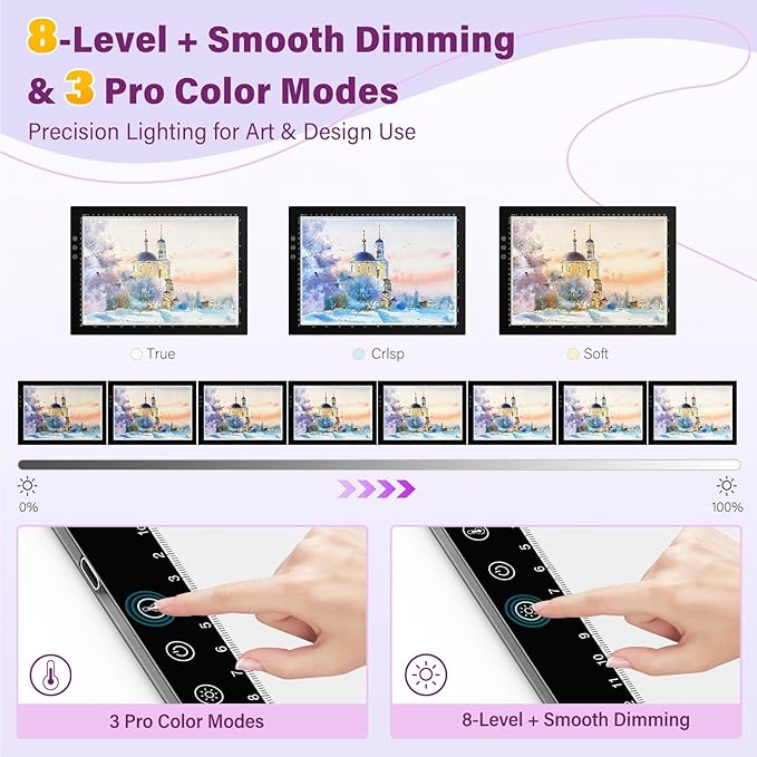 ZEXALIGHT A4 Light Box for Tracing, Light Pad for Diamond Painting with 8 Levels/Stepless Dimming Brightness and 3 Color Modes, Ultra-Thin Copy Board Light Table for Artists Tracing Drawing (Black)