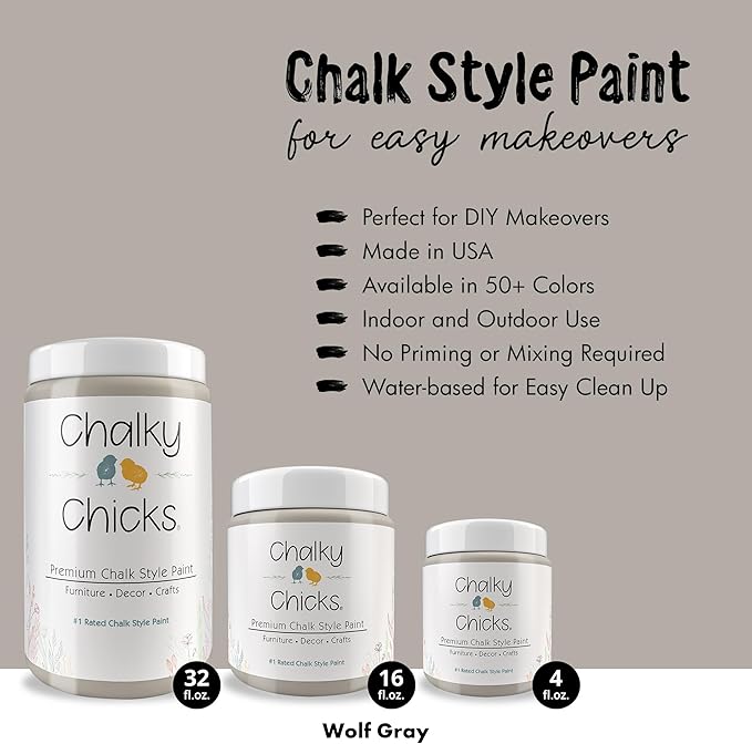 Chalky Chicks All-in-One Chalk Paint for Furniture or Cabinet - 32 Fl Oz - Matte Finish Wolf Gray (Gray/Beige) for Metal, Wood Furniture Paint - No Sanding All-in-One for Home Decor & Crafts, USA Made