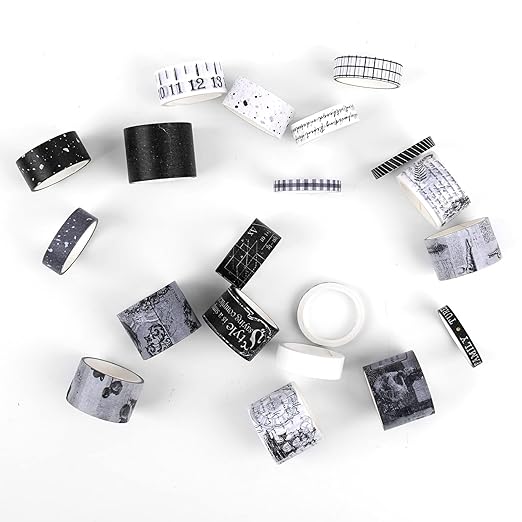 Dizdkizd Black and White Washi Tape Set, 20 Rolls Gothic Aesthetic Japanese Washi Tape Wide Scrapbooking Supplies Decorative Tape for Journaling, Planner, DIY Crafts