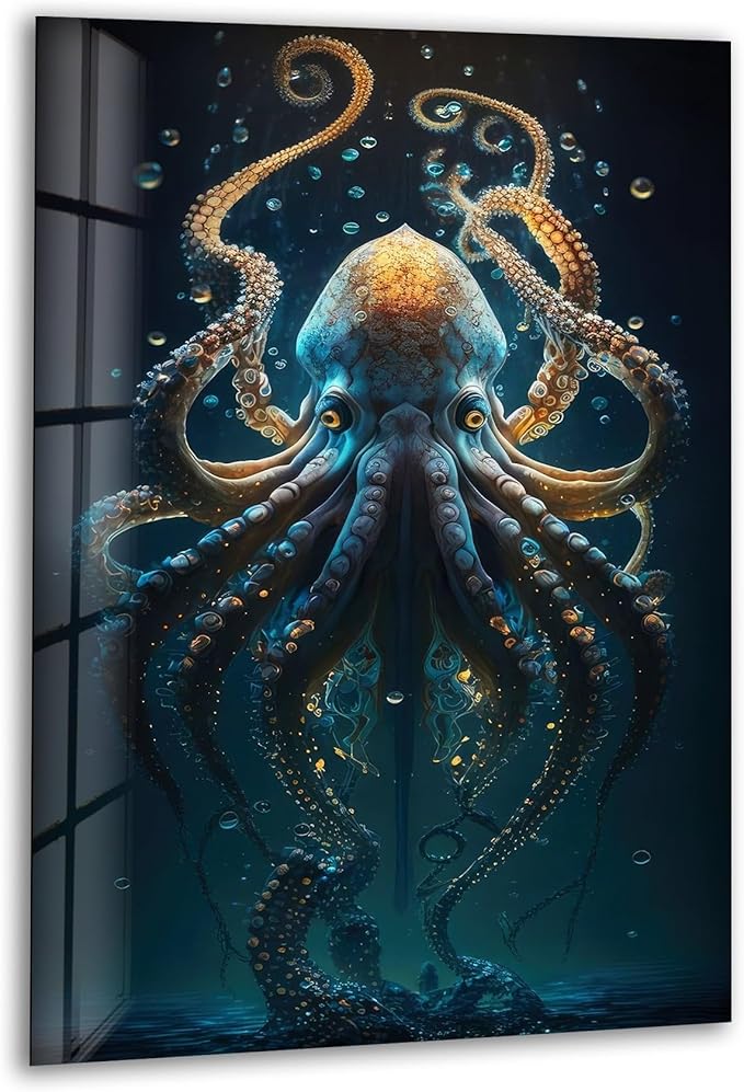 My Photostation.com 14Wx20H'' Underwater Blue Octopus Glass Wall Art Tempered Glass Printing Wall Decor Large Wall Art Wall Hangings