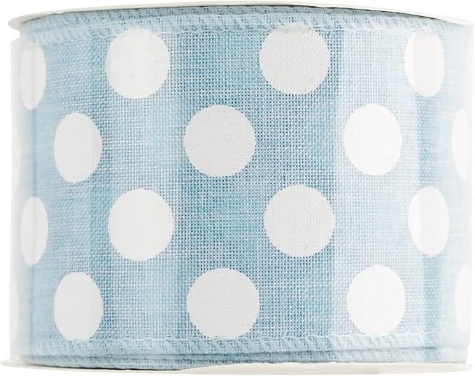 MEEDEE Blue Burlap Ribbon 2.5 Inch with White Polka Dot Blue White Wired Ribbon for Baby Boy Wreaths and Showers, 10 Yards