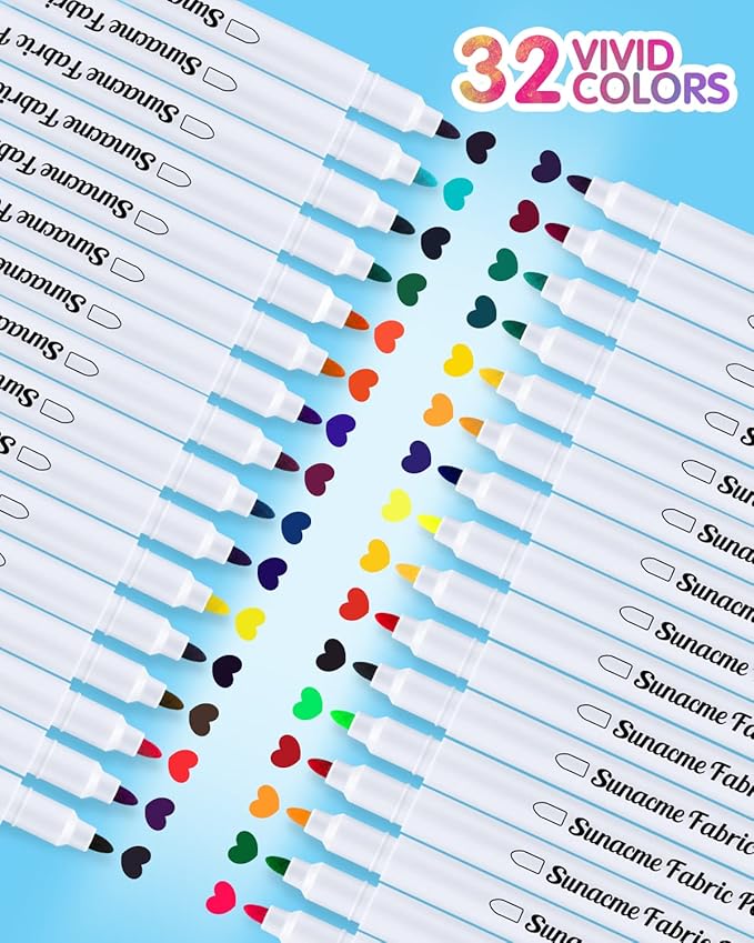 Fabric Markers Pen, 32 Colors Permanent Fabric Paint Pens for T-Shirt, Fine Tips Art Marker Set for Canvas Bags Hats Sneakers and Textiles