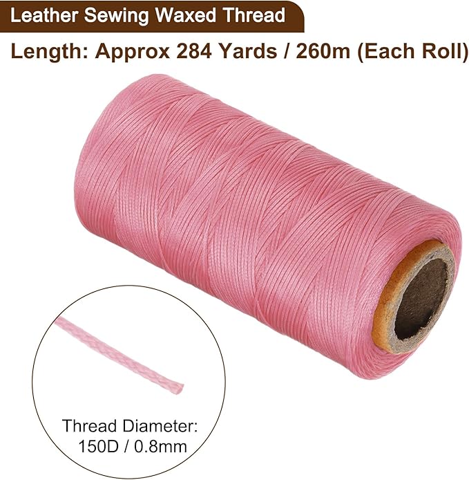 uxcell 150D 0.8mm Flat Waxed Thread 284 Yards Polyester Leather Sewing Waxed String Hand Stitching Waxed Cord for Leather Stitching Sewing Bookbinding DIY Craft Rouge Pink