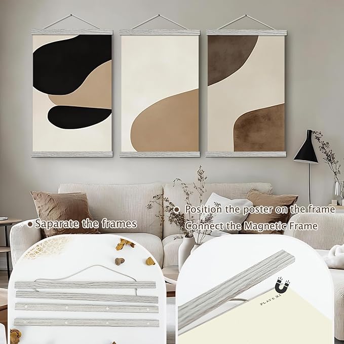 Artmag Magnetic Poster Hanger Frame, 23x35 23x34 23x23 Light Wood Wooden Magnet Canvas Artwork Print Poster Hangers Frames Hanging Kit (Grey, 23")