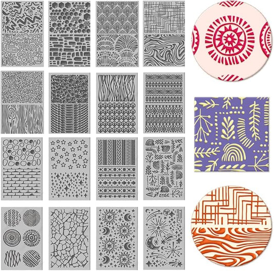 CHGCRAFT 16 Sheets 16 Styles Natural Knitted Texture Polymer Clay Texture Mat Sun Moon Stars Modeling Pattern Pad Bohemian Texture Sheets for Polymer Clay Making Earrings Jewerly Tools, 4×2.6 inch