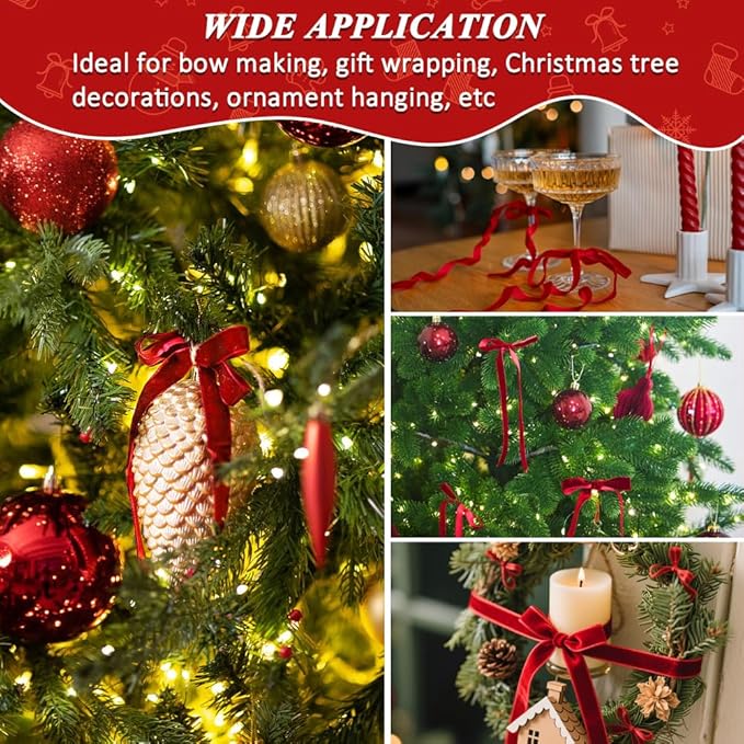 Red Velvet Ribbon, 0.39 Inch x 20 Yards Single Faced Red Ribbon for Gift Wrapping, Bow Making, Christmas Tree Decorations, Wreath Making and DIY Crafts (10 Yards Each Roll)