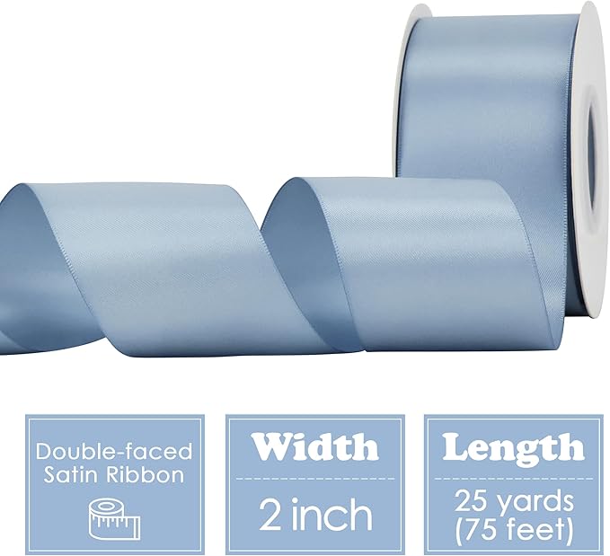 HUIHUANG French Blue Ribbon 2 inch Wide Double-Faced Blue Satin Ribbon for Crafts, Bows Making, Flower Bouquet Wrap, Gift Wrapping, Wedding Bridal Shower Decor, Home Decor -25 Yards/Roll