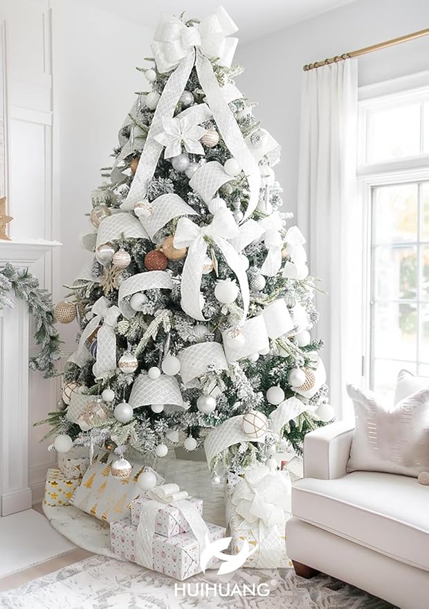 HUIHUANG White Glitter Wired Ribbon for Christmas Tree 2.5 inch White Diamond Mesh Wire Ribbon for Tree Decoration, Wreaths, Garland, Gift Wrapping, Large Bows Making, Home Decor -10 Yards