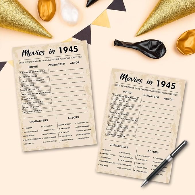 80th Birthday Party Games, Movies of 1945 Games, Birthday Party Supplies for Adults, Fun 1945s Party Game，Pack of 30 Cards