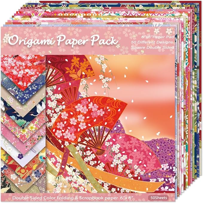 Square Origami Paper 6x6 Double Sided 50 Sheets 50 Colors 70GSM Origami Kit Japanese Chiyo Easy Fold Arts Crafts DIY Handwork Beginner Oriental Cherry