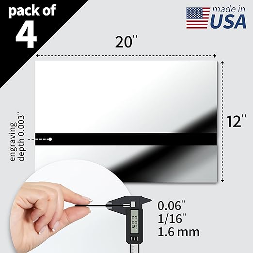 Trotec | Metallic Looking Acrylic Sheet | 12"x20"x1/16, 4 Pcs | Bright Chrome/Black | Metallic Finish - Scratch Resistant for Laser Engraving & Cutting,Printing,Glowforge,Name Plate | USA Made