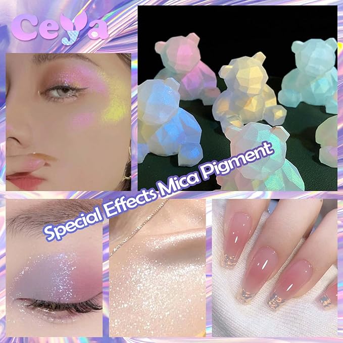 Ceya Interference Mica Powder, 1.8oz/ 50g Ice White Chrome Nail Powder, Cosmetic Grade Pearlescent Effect Color Shift Pigment for Epoxy Resin, Makeup Shimmer, Nail Polish, Soap Candle Making, Slime