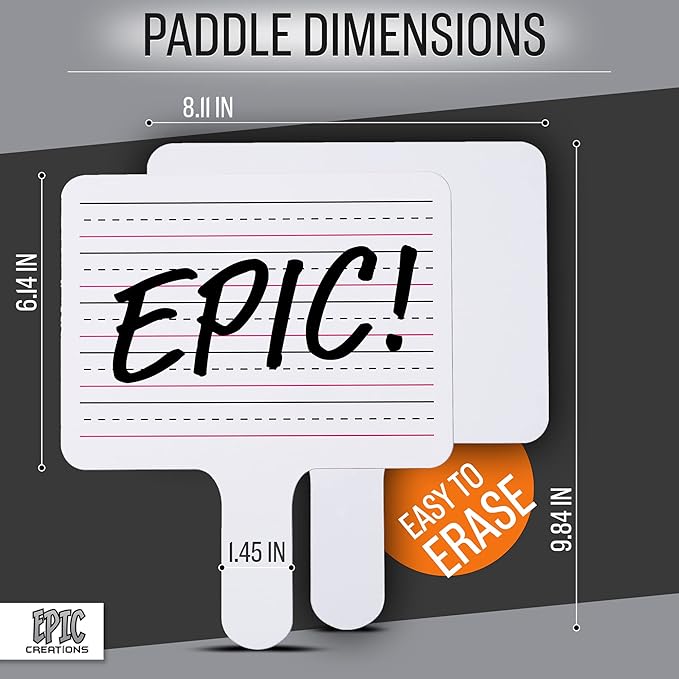 Epic Creations Dry Erase Paddles - 24 Pack 8.11 x 6.14 Inches - Double Sided Handheld Whiteboard - Dry Erase Signs - Hand Held White Board - Auction Paddles - White Board Paddles,Hand Dry Erase Board