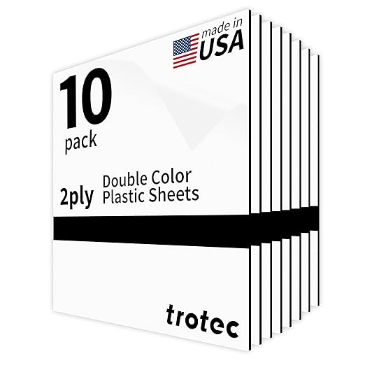Trotec TroLase | 8"x12"x1/16", 10 Pcs | White/Black | 2 Ply | Modified Acrylic | Laser Engraving Double Color Plastic Sheet | Engraving Blanks for Laser, Saw, Guillotine | Made in USA