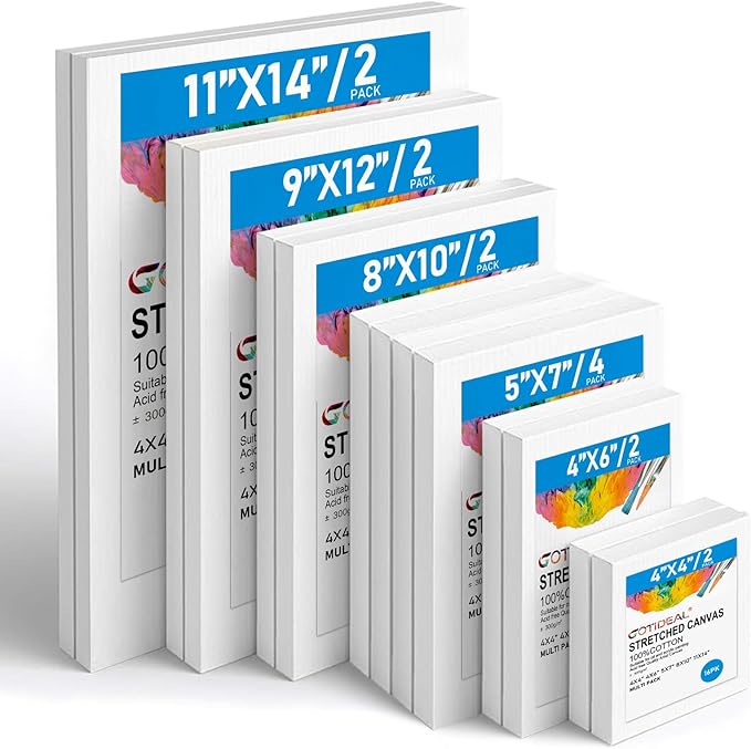Gotideal Canvas for Painting, 14 Pcs Muti Pack Stretched Painting Canvas, Blank Paint Canvas for Acrylic, Oil, Art Supplies for Artists, Adults 4x4,4x6, 5x7, 8x10,9x12, 11x14 Set of 14