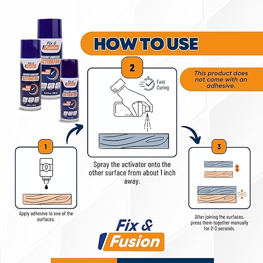 FIX & FUSION Activator Spray (3.38 Fl Oz), Instant Cure Accelerator for Cyanoacrylate (CA) Super Glue for Wood, Plastic, Rubber, Granite, and DIY & Professional, Accelerates Bonding Strength, (6 Pack)