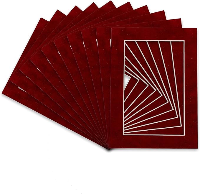 Pack of Ten Acid Free 11x14 Mats Bevel Cut for 8.5x11 Photos - Bright Red Suede Precut Matboards With Backing Boards and Self Seal Bags for Pictures, Framing - 4-ply Thickness